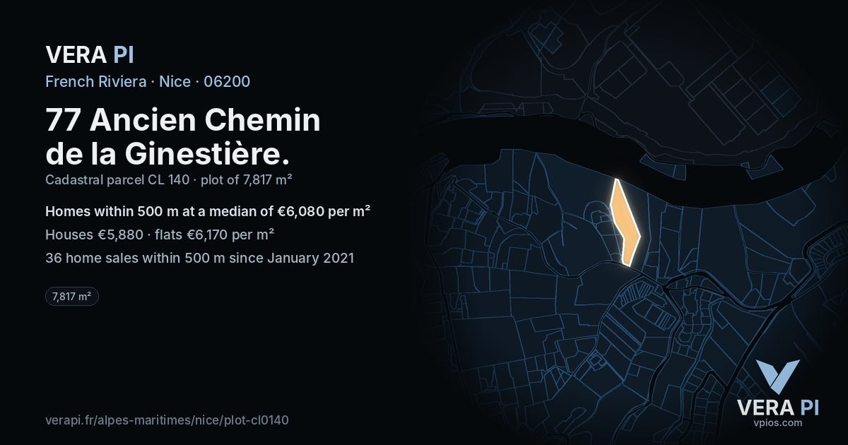 77 Ancien Chemin de la Ginestière, Nice at night – the plot lit, the parcels around coloured by the prices near them
