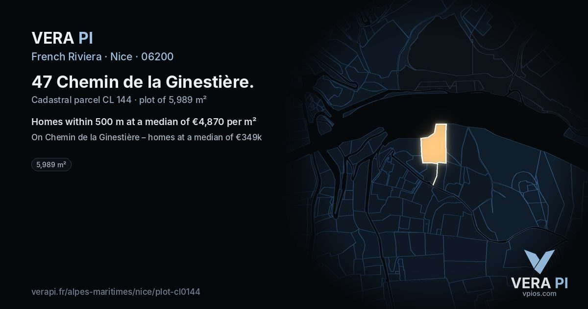 47 Chemin de la Ginestière, Nice at night – the plot lit, the parcels around coloured by the prices near them