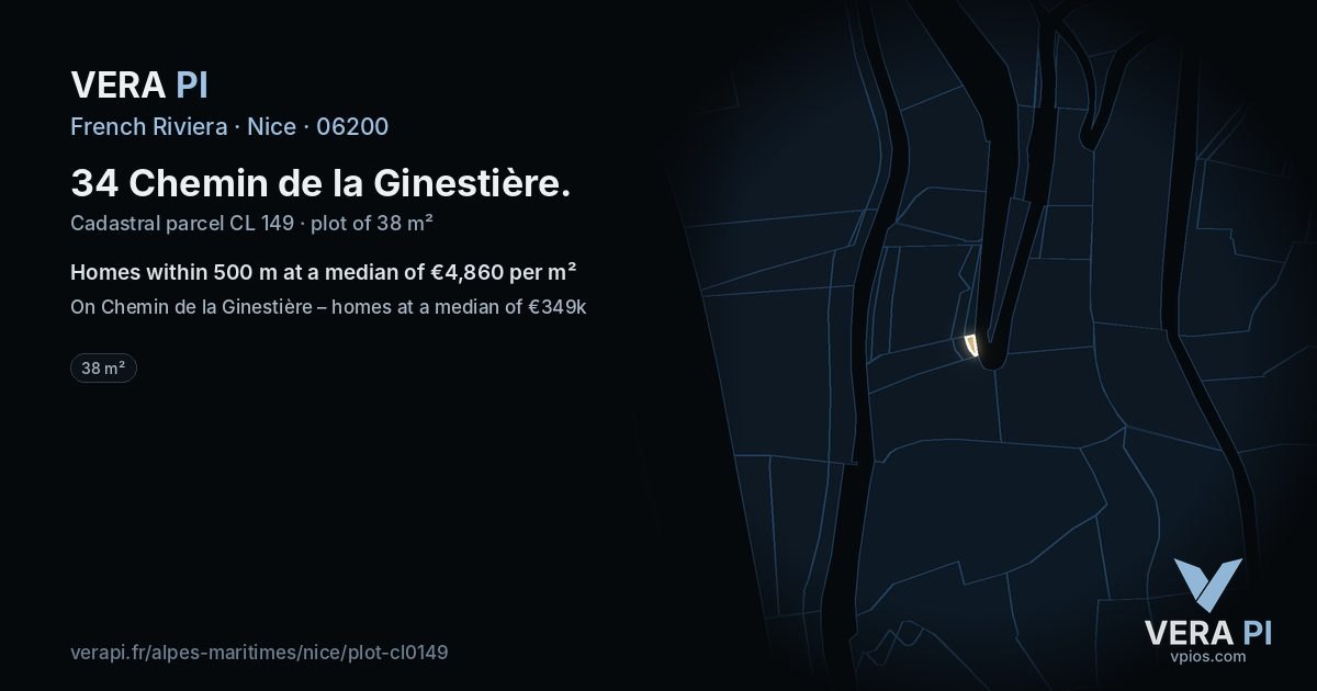 34 Chemin de la Ginestière, Nice at night – the plot lit, the parcels around coloured by the prices near them