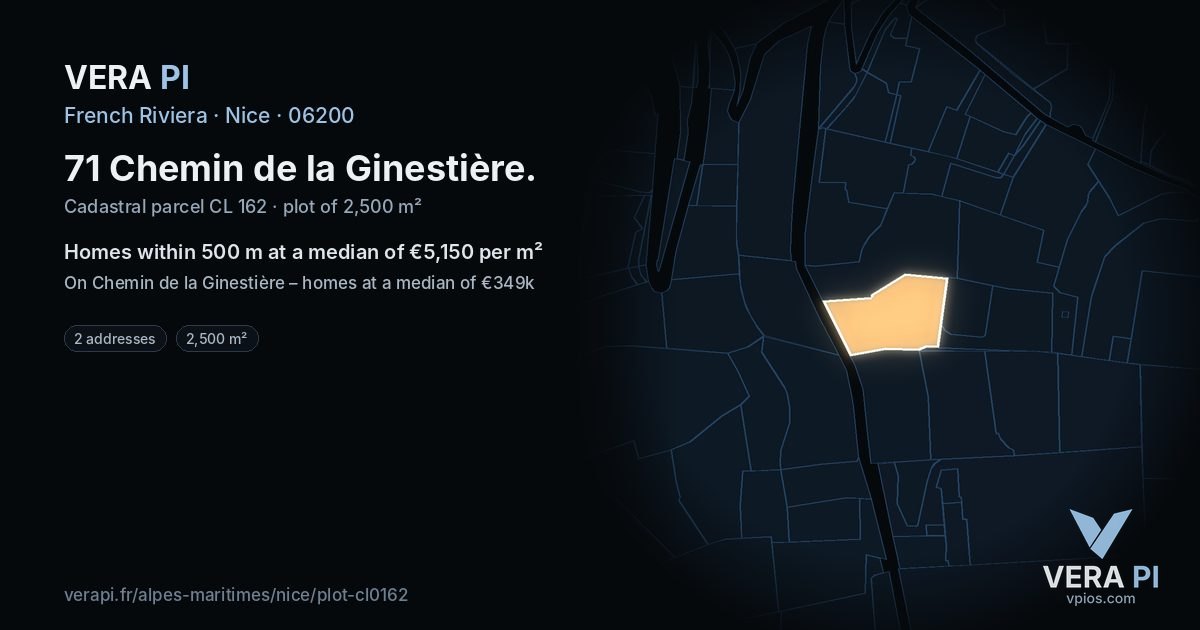 71 Chemin de la Ginestière, Nice at night – the plot lit, the parcels around coloured by the prices near them