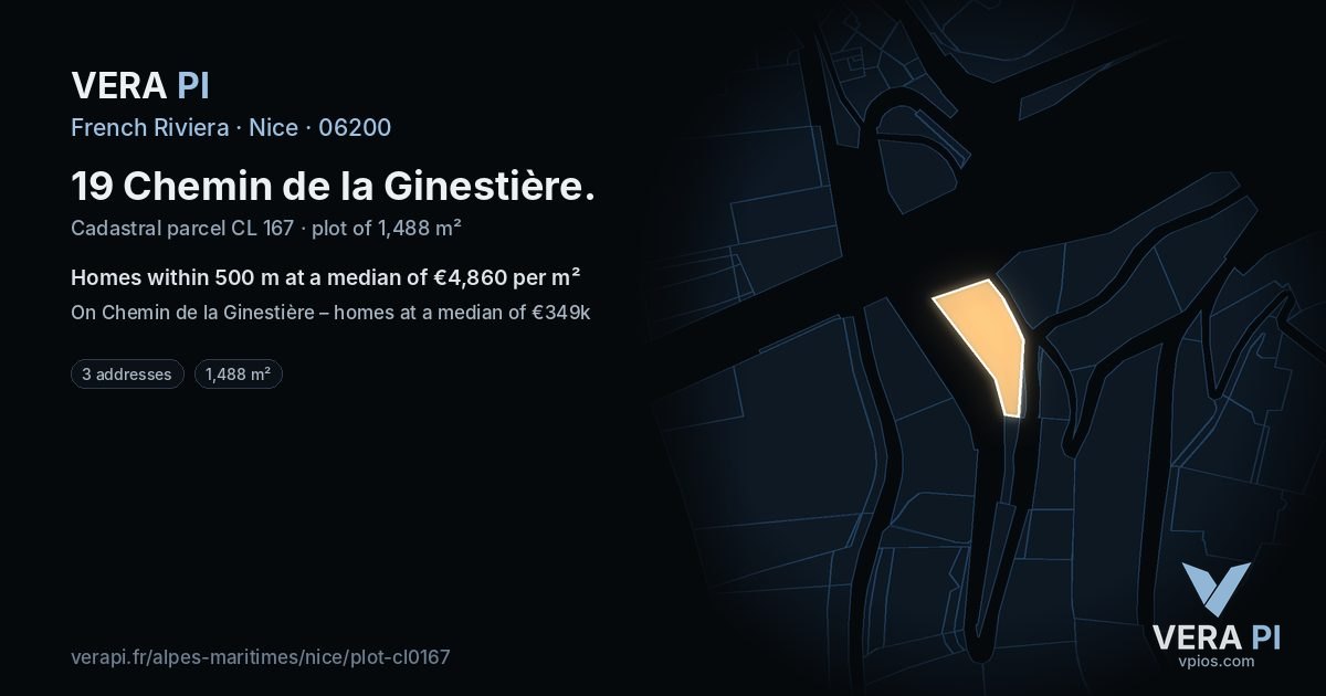 19 Chemin de la Ginestière, Nice at night – the plot lit, the parcels around coloured by the prices near them
