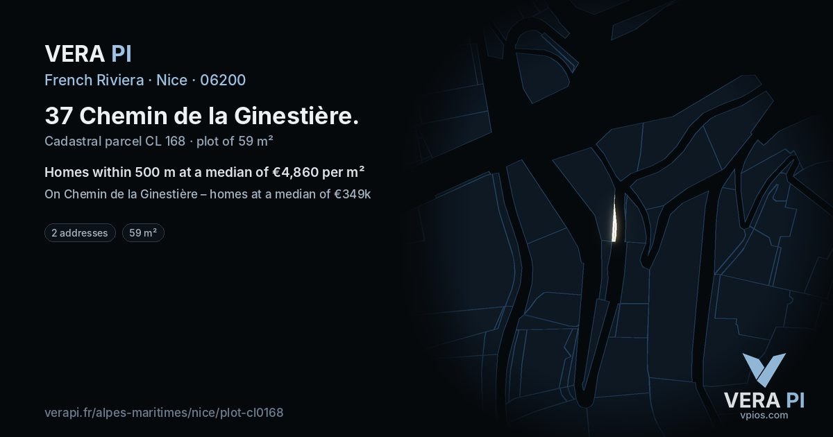 37 Chemin de la Ginestière, Nice at night – the plot lit, the parcels around coloured by the prices near them