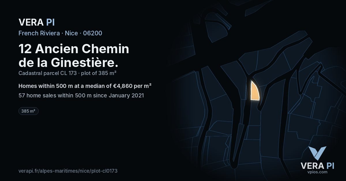 12 Ancien Chemin de la Ginestière, Nice at night – the plot lit, the parcels around coloured by the prices near them