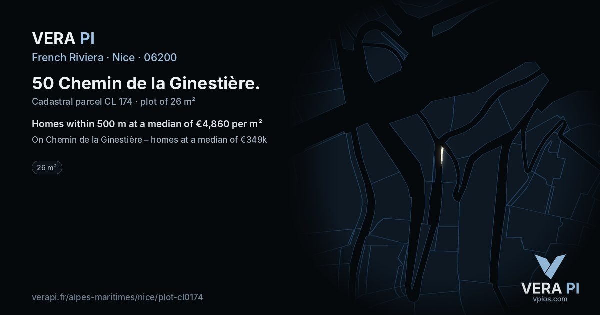 50 Chemin de la Ginestière, Nice at night – the plot lit, the parcels around coloured by the prices near them