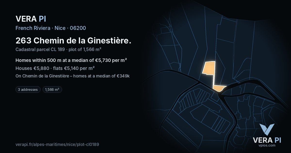 263 Chemin de la Ginestière, Nice at night – the plot lit, the parcels around coloured by the prices near them