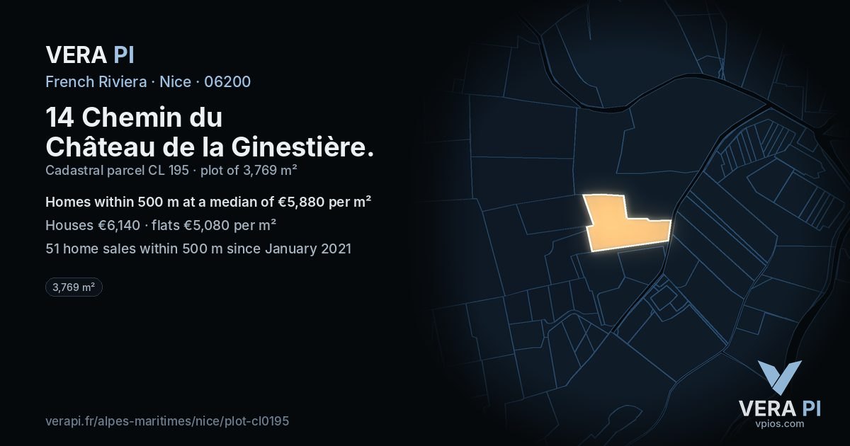14 Chemin du Château de la Ginestière, Nice at night – the plot lit, the parcels around coloured by the prices near them
