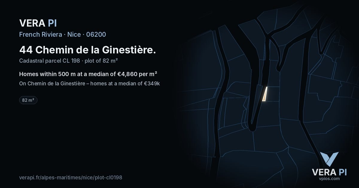 44 Chemin de la Ginestière, Nice at night – the plot lit, the parcels around coloured by the prices near them