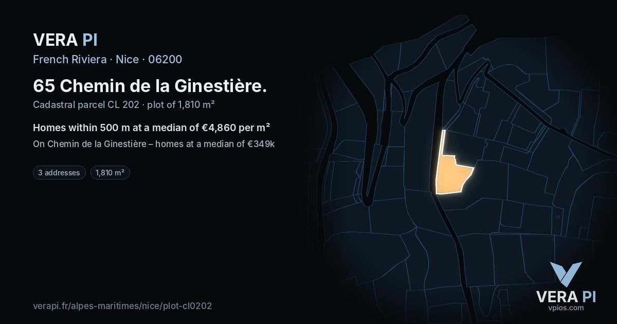 65 Chemin de la Ginestière, Nice at night – the plot lit, the parcels around coloured by the prices near them