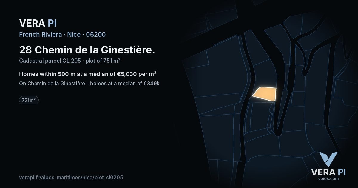 28 Chemin de la Ginestière, Nice at night – the plot lit, the parcels around coloured by the prices near them