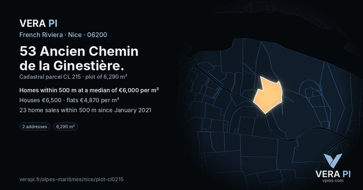 53 Ancien Chemin de la Ginestière, Nice at night – the plot lit, the parcels around coloured by the prices near them