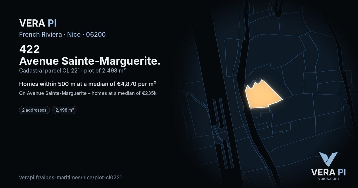 422 Avenue Sainte-Marguerite, Nice at night – the plot lit, the parcels around coloured by the prices near them
