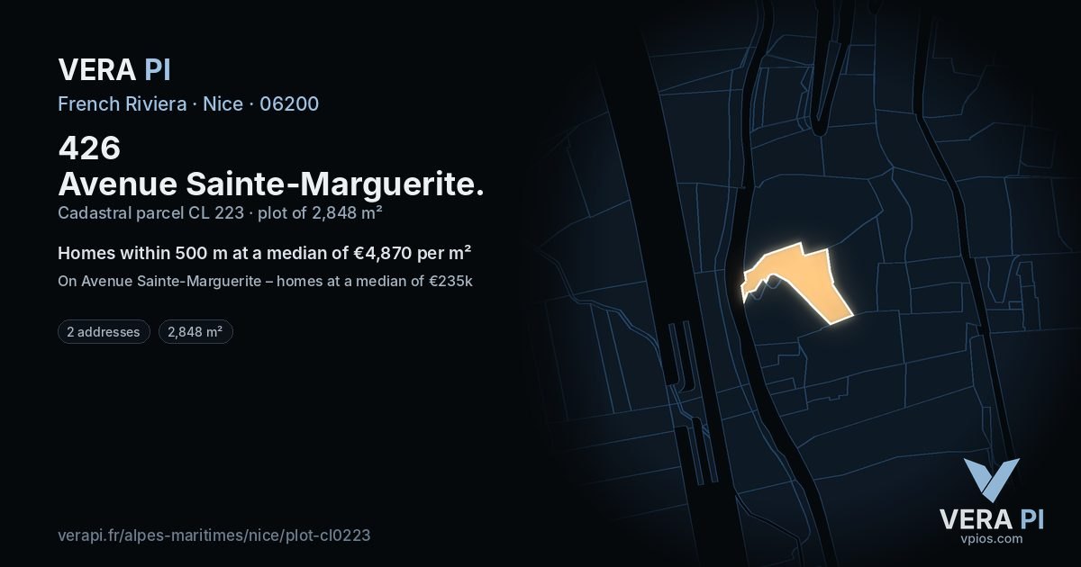 426 Avenue Sainte-Marguerite, Nice at night – the plot lit, the parcels around coloured by the prices near them