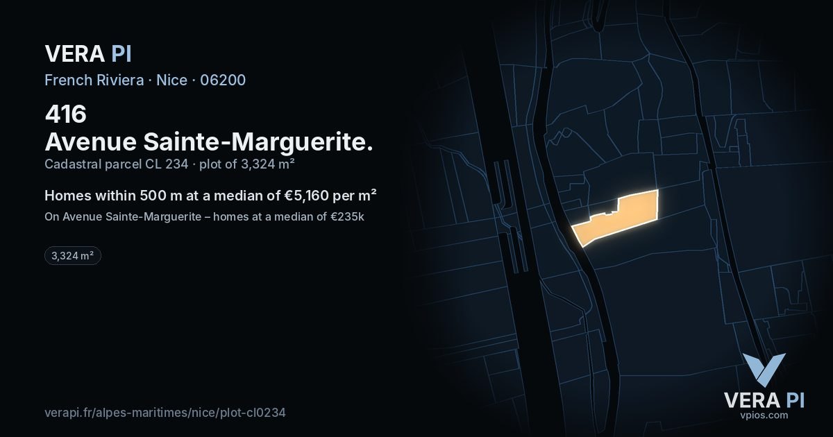 416 Avenue Sainte-Marguerite, Nice at night – the plot lit, the parcels around coloured by the prices near them