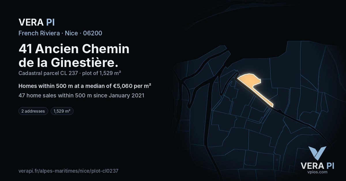 41 Ancien Chemin de la Ginestière, Nice at night – the plot lit, the parcels around coloured by the prices near them