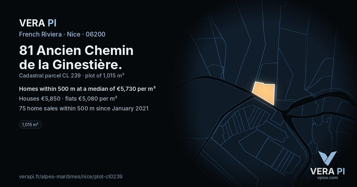 81 Ancien Chemin de la Ginestière, Nice at night – the plot lit, the parcels around coloured by the prices near them