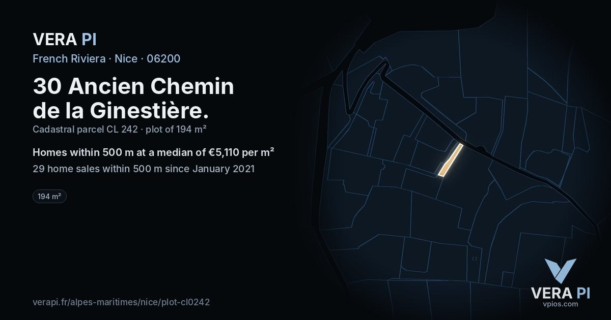30 Ancien Chemin de la Ginestière, Nice at night – the plot lit, the parcels around coloured by the prices near them