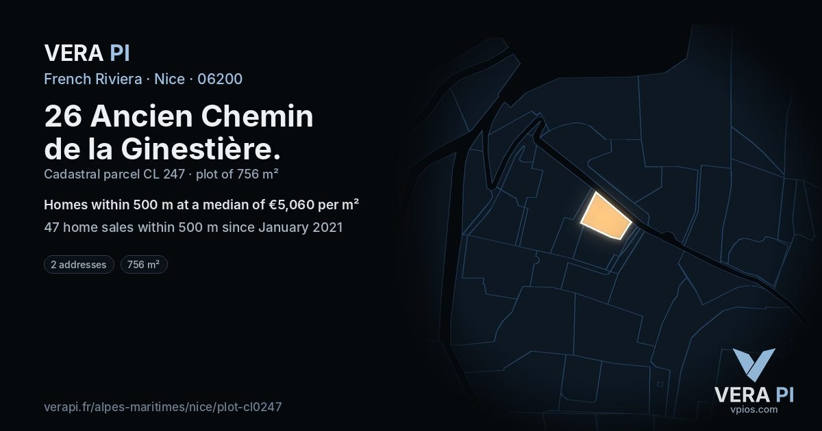 26 Ancien Chemin de la Ginestière, Nice at night – the plot lit, the parcels around coloured by the prices near them