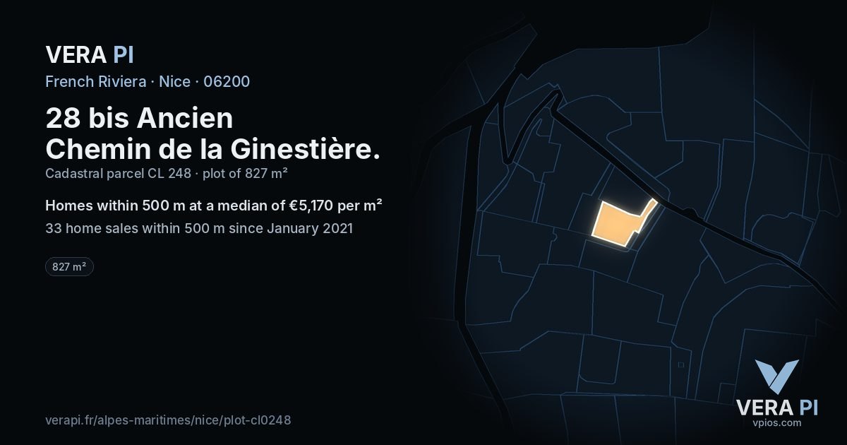 28 bis Ancien Chemin de la Ginestière, Nice at night – the plot lit, the parcels around coloured by the prices near them