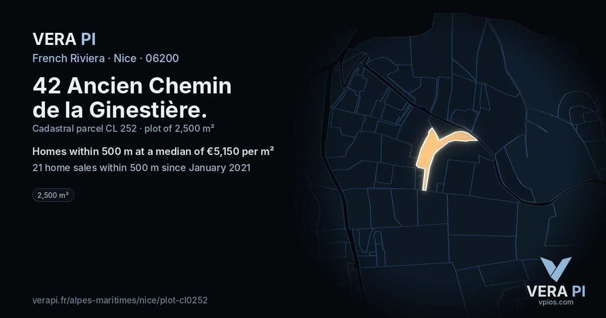 42 Ancien Chemin de la Ginestière, Nice at night – the plot lit, the parcels around coloured by the prices near them