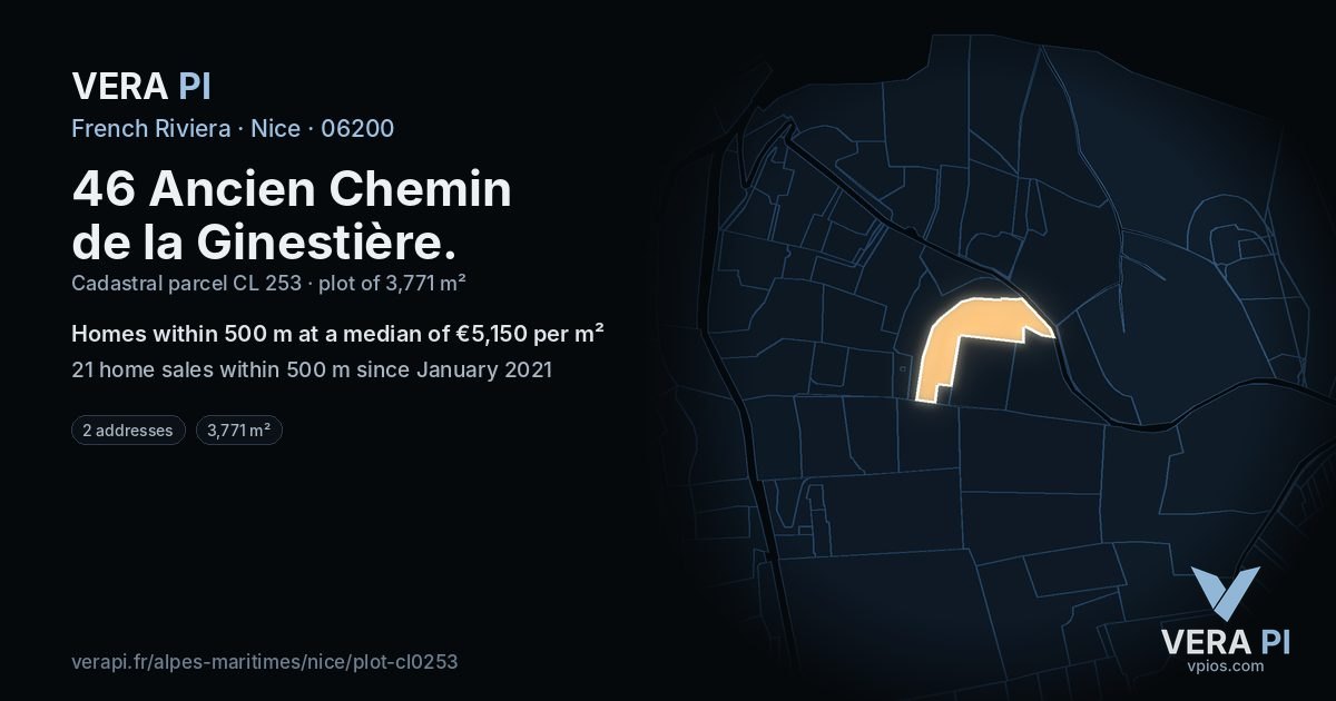 46 Ancien Chemin de la Ginestière, Nice at night – the plot lit, the parcels around coloured by the prices near them