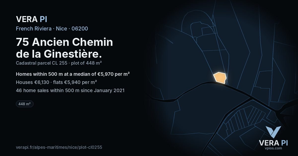 75 Ancien Chemin de la Ginestière, Nice at night – the plot lit, the parcels around coloured by the prices near them