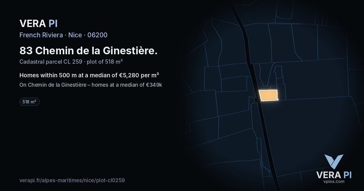 83 Chemin de la Ginestière, Nice at night – the plot lit, the parcels around coloured by the prices near them
