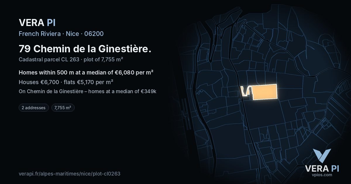 79 Chemin de la Ginestière, Nice at night – the plot lit, the parcels around coloured by the prices near them