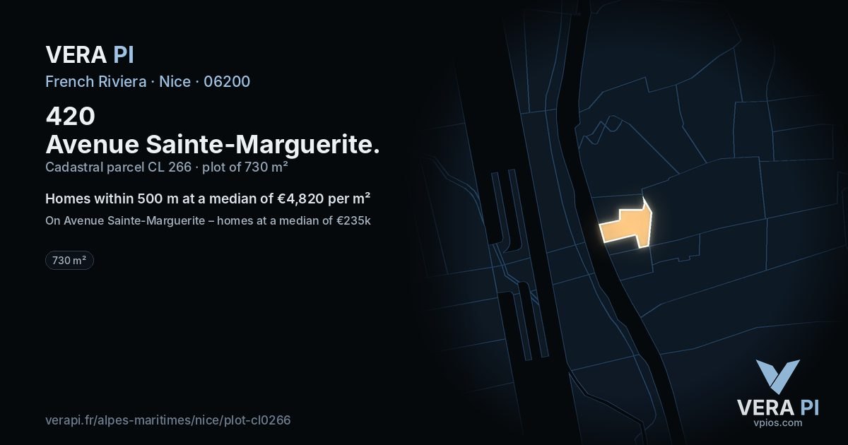 420 Avenue Sainte-Marguerite, Nice at night – the plot lit, the parcels around coloured by the prices near them