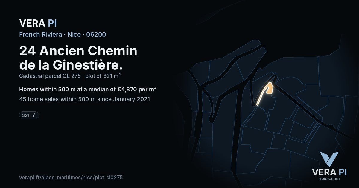 24 Ancien Chemin de la Ginestière, Nice at night – the plot lit, the parcels around coloured by the prices near them