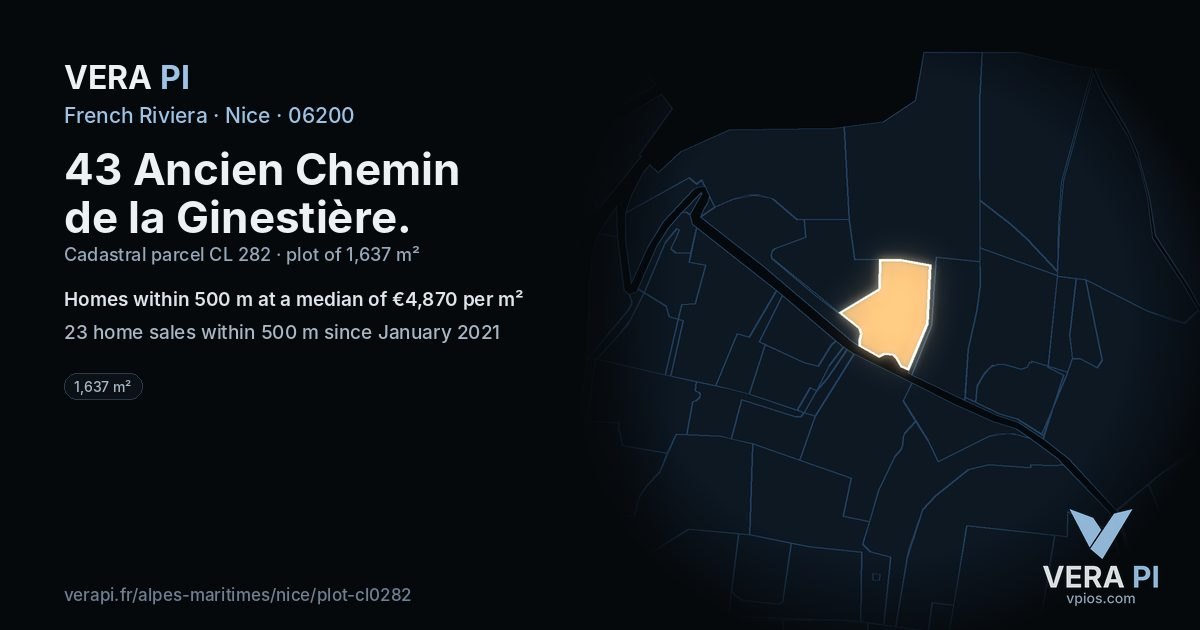 43 Ancien Chemin de la Ginestière, Nice at night – the plot lit, the parcels around coloured by the prices near them
