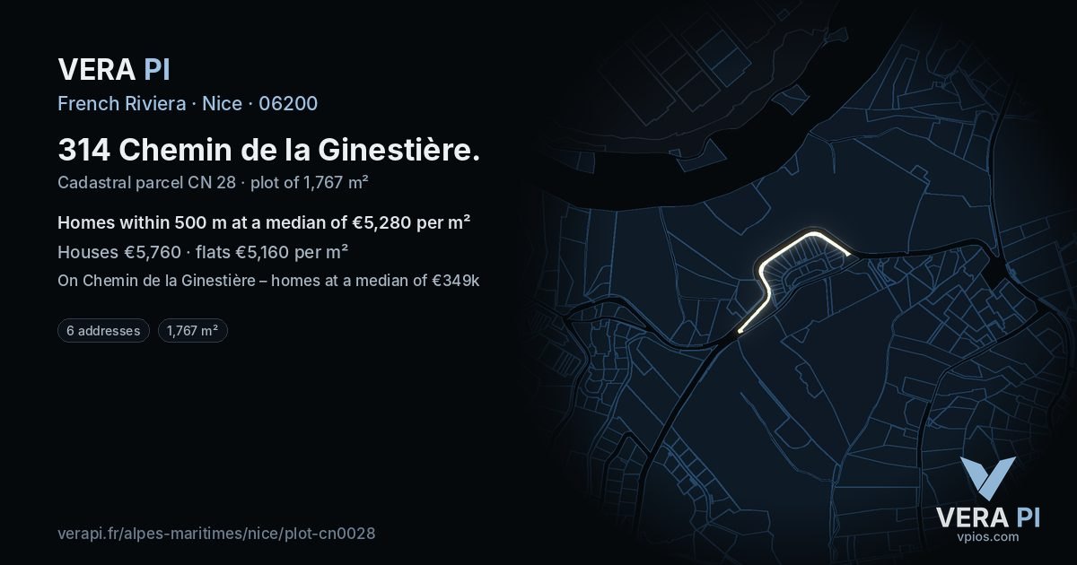 314 Chemin de la Ginestière, Nice at night – the plot lit, the parcels around coloured by the prices near them