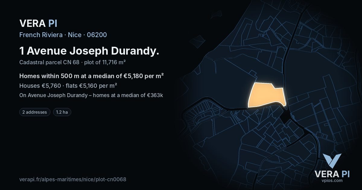 1 Avenue Joseph Durandy, Nice at night – the plot lit, the parcels around coloured by the prices near them