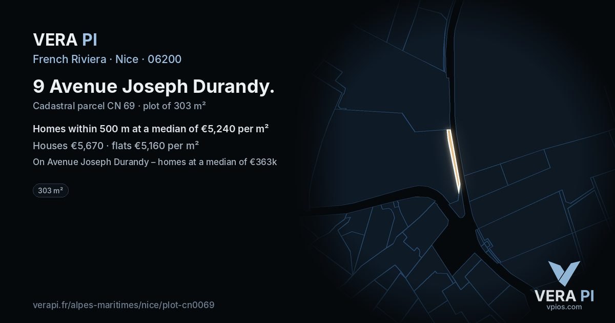 9 Avenue Joseph Durandy, Nice at night – the plot lit, the parcels around coloured by the prices near them