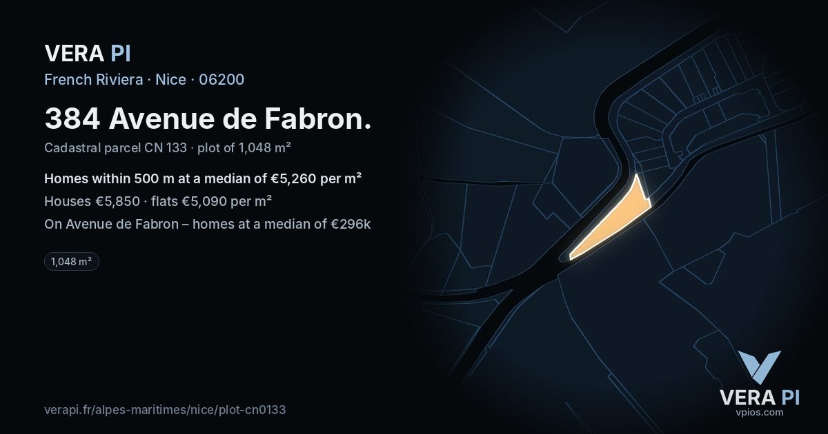384 Avenue de Fabron, Nice at night – the plot lit, the parcels around coloured by the prices near them
