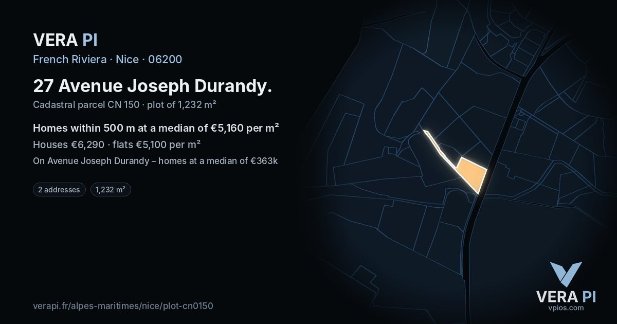 27 Avenue Joseph Durandy, Nice at night – the plot lit, the parcels around coloured by the prices near them