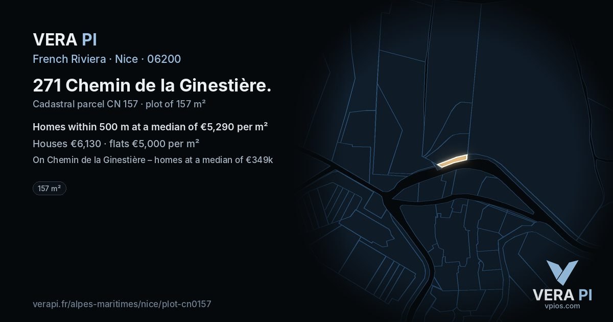 271 Chemin de la Ginestière, Nice at night – the plot lit, the parcels around coloured by the prices near them
