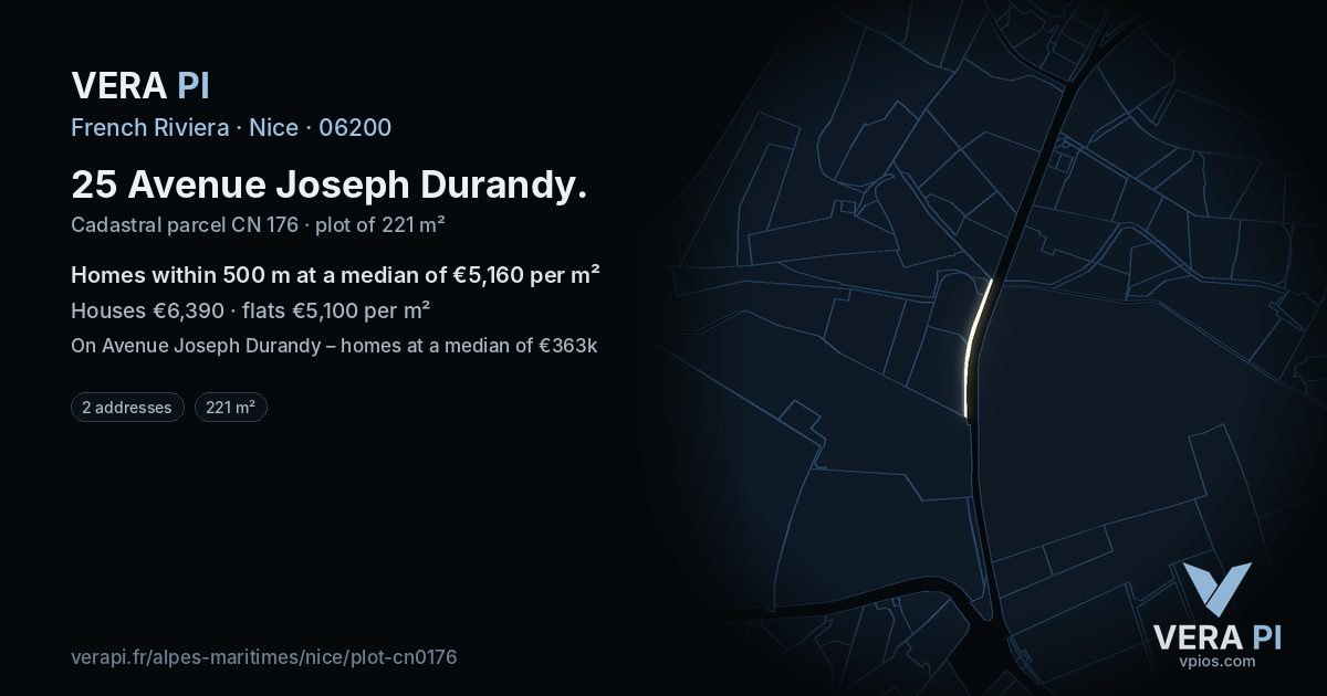 25 Avenue Joseph Durandy, Nice at night – the plot lit, the parcels around coloured by the prices near them