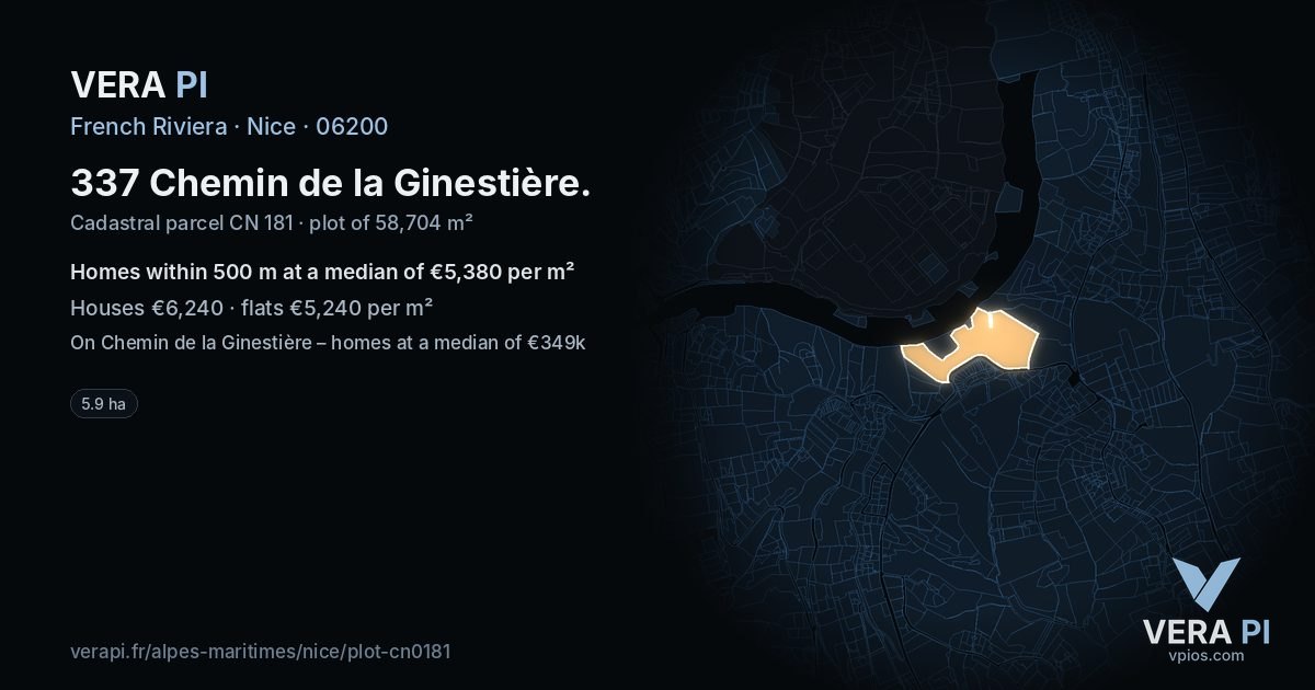 337 Chemin de la Ginestière, Nice at night – the plot lit, the parcels around coloured by the prices near them