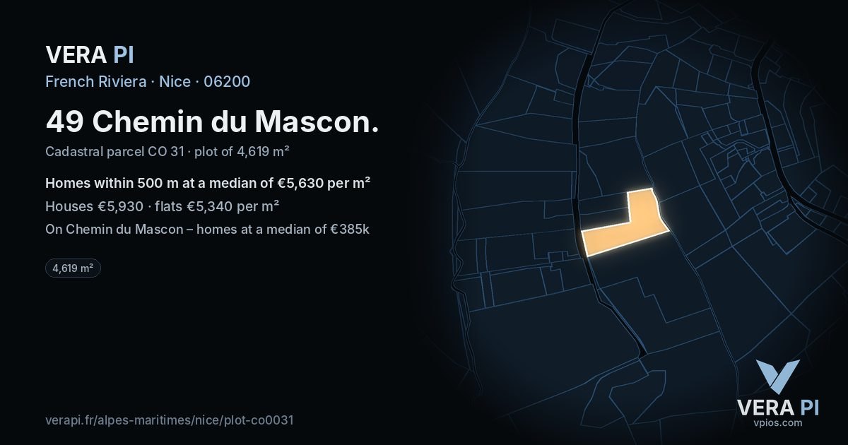 49 Chemin du Mascon, Nice at night – the plot lit, the parcels around coloured by the prices near them