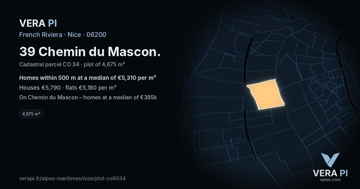 39 Chemin du Mascon, Nice at night – the plot lit, the parcels around coloured by the prices near them