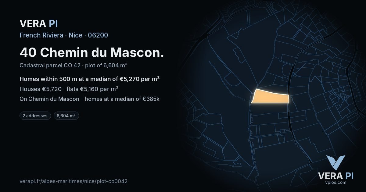40 Chemin du Mascon, Nice at night – the plot lit, the parcels around coloured by the prices near them