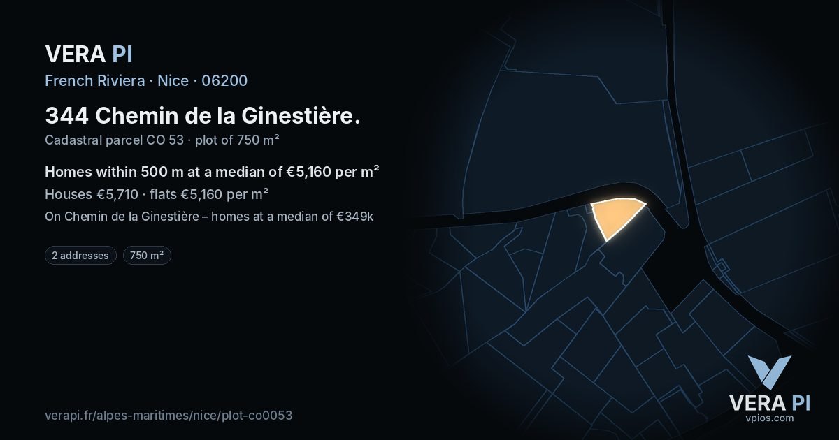 344 Chemin de la Ginestière, Nice at night – the plot lit, the parcels around coloured by the prices near them