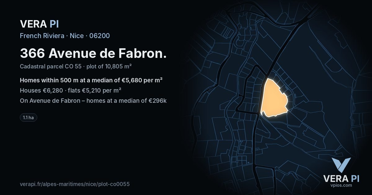 366 Avenue de Fabron, Nice at night – the plot lit, the parcels around coloured by the prices near them
