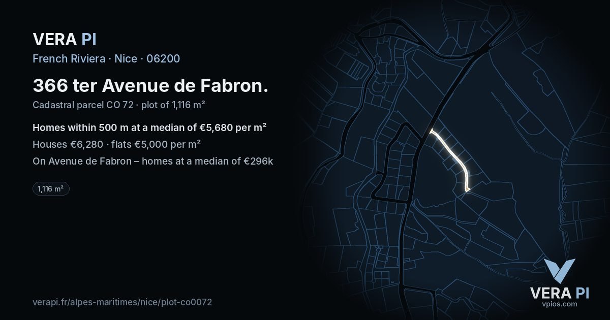 366 ter Avenue de Fabron, Nice at night – the plot lit, the parcels around coloured by the prices near them