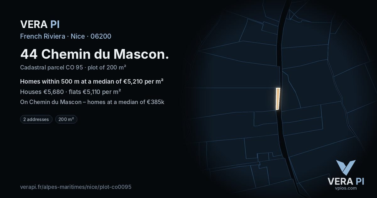 44 Chemin du Mascon, Nice at night – the plot lit, the parcels around coloured by the prices near them