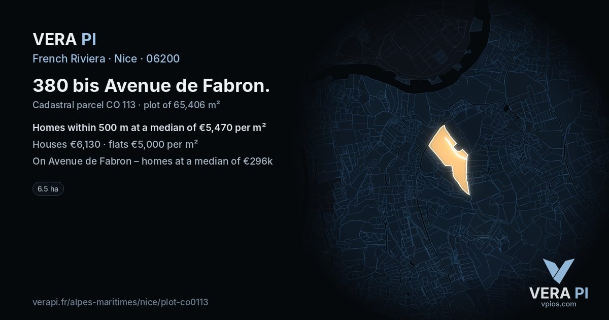380 bis Avenue de Fabron, Nice at night – the plot lit, the parcels around coloured by the prices near them