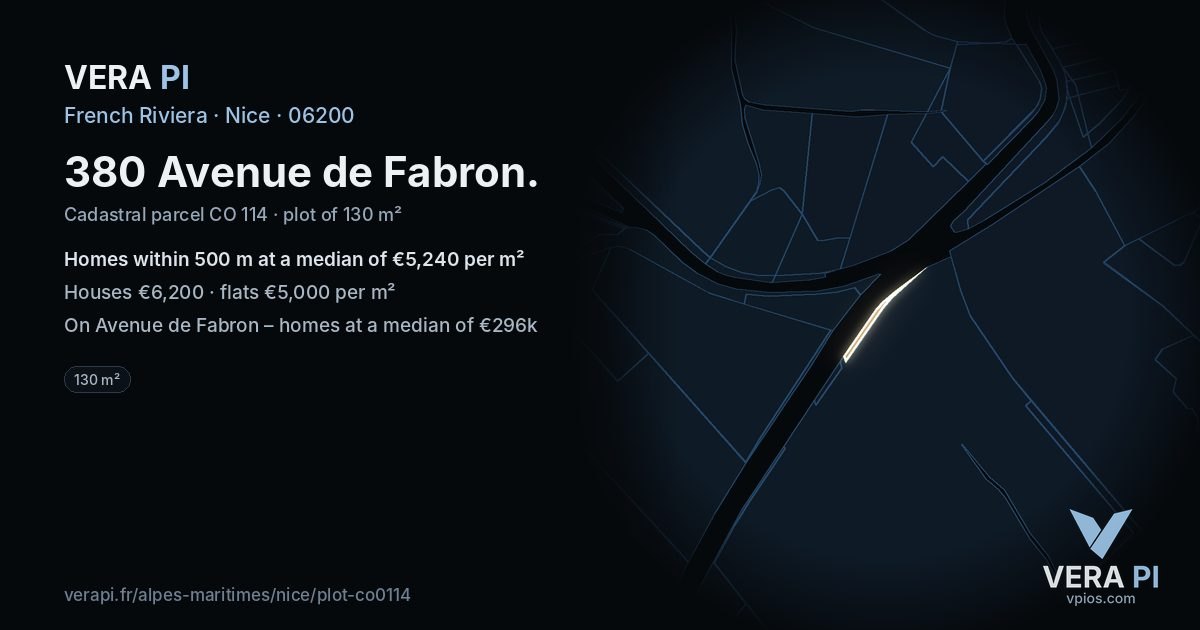 380 Avenue de Fabron, Nice at night – the plot lit, the parcels around coloured by the prices near them