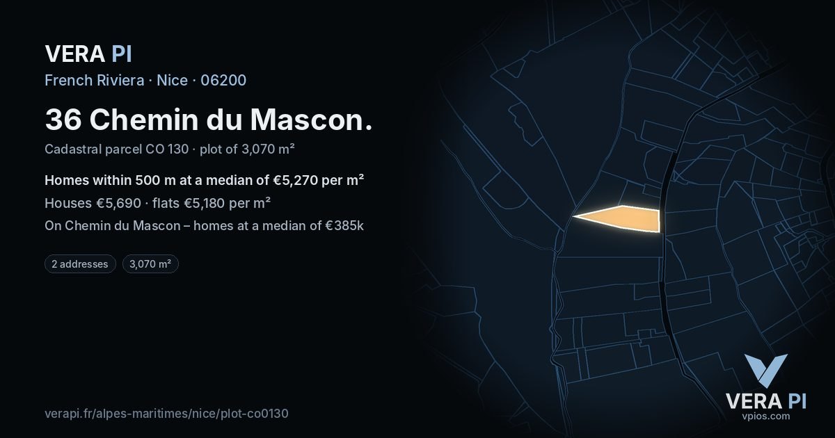 36 Chemin du Mascon, Nice at night – the plot lit, the parcels around coloured by the prices near them