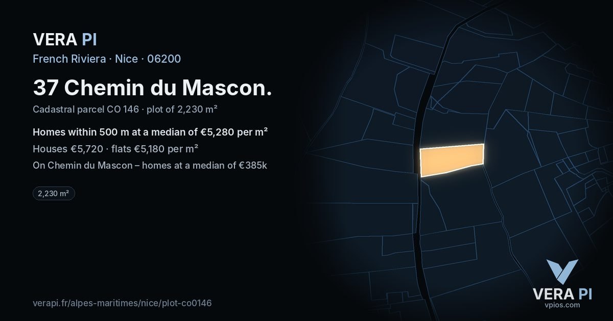 37 Chemin du Mascon, Nice at night – the plot lit, the parcels around coloured by the prices near them