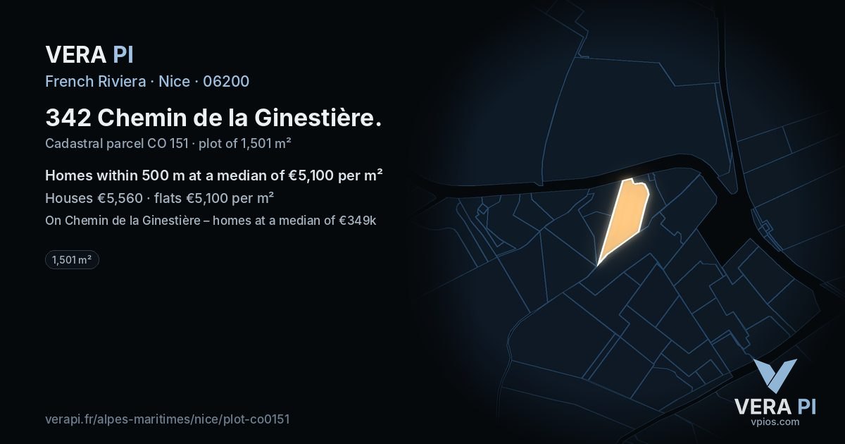 342 Chemin de la Ginestière, Nice at night – the plot lit, the parcels around coloured by the prices near them
